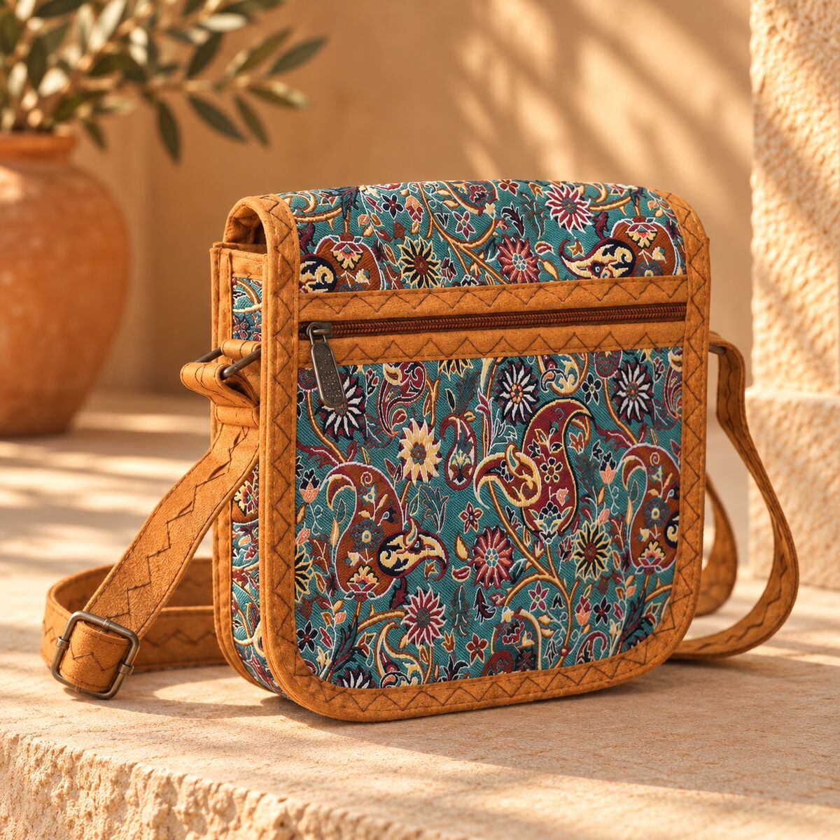 CNT-6040 Taba Mavi Paisley Desenli Goblen Küçük Boy Postacı Çanta | Eos Kolektif