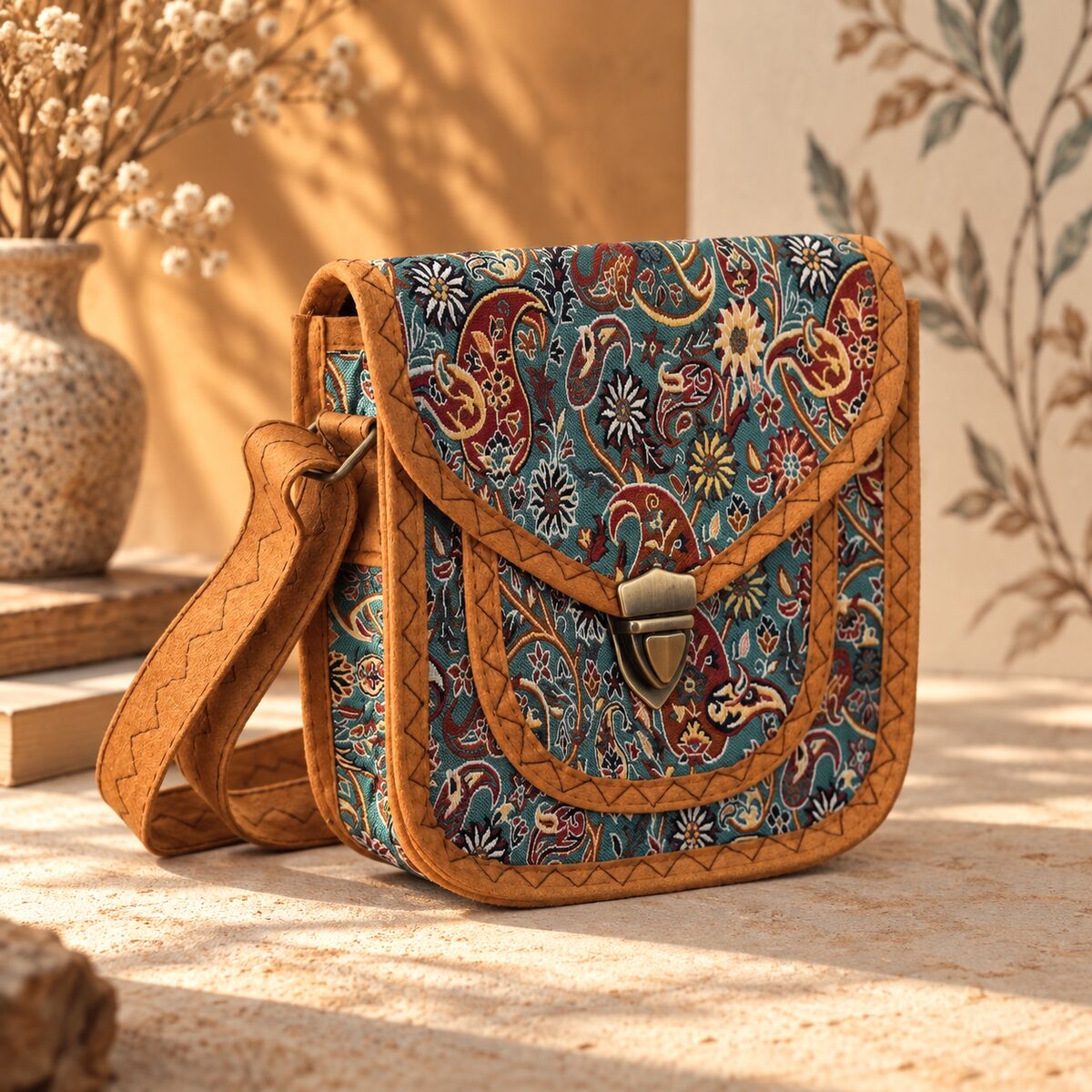 CNT-6040 Taba Mavi Paisley Desenli Goblen Küçük Boy Postacı Çanta | Eos Kolektif