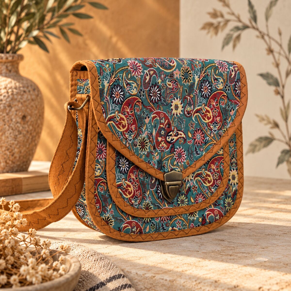 CNT-6037 Taba Mavi Paisley Desenli Goblen Orta Boy Postacı Çanta | Eos Kolektif