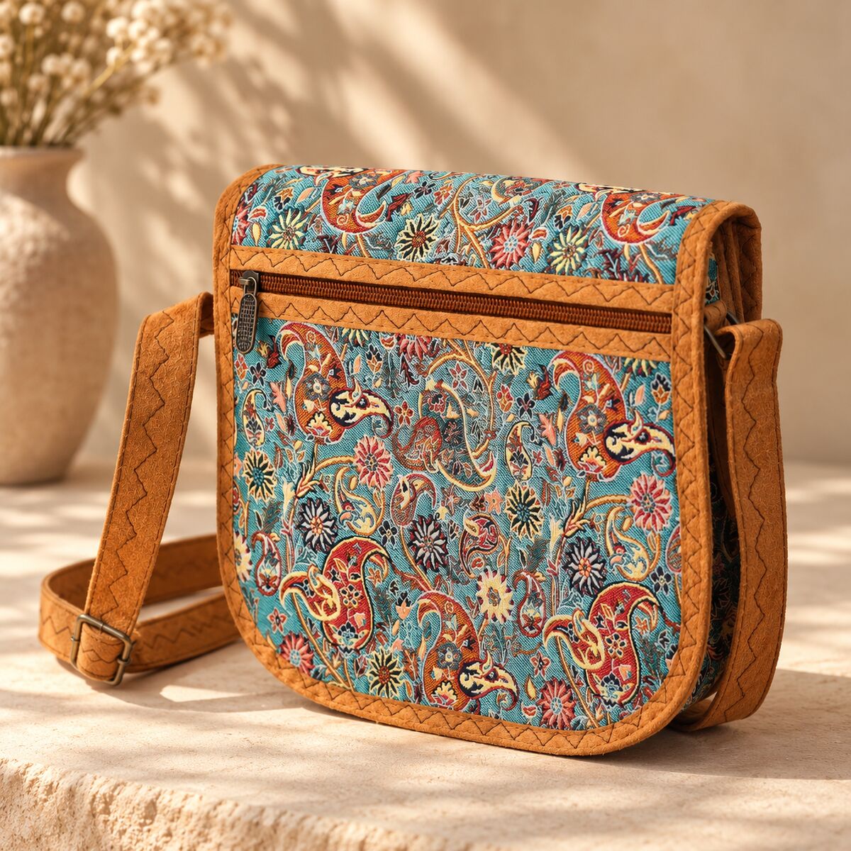 CNT-6037 Taba Mavi Paisley Desenli Goblen Orta Boy Postacı Çanta | Eos Kolektif