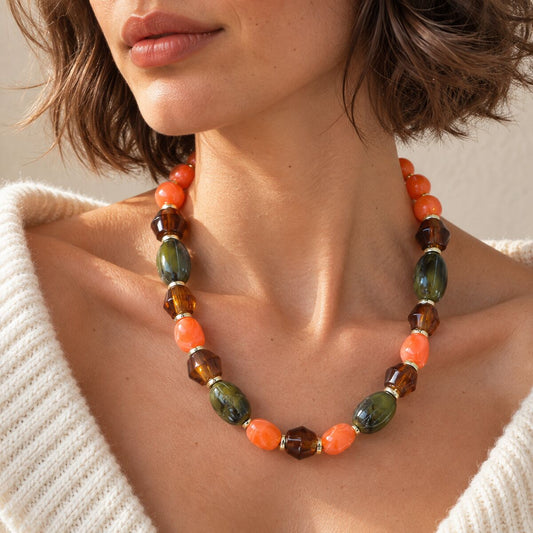 KLY-1077 Turuncu, Amber ve Zeytin Yeşili İri Boncuklu Chunky Kolye | Eos Kolektif