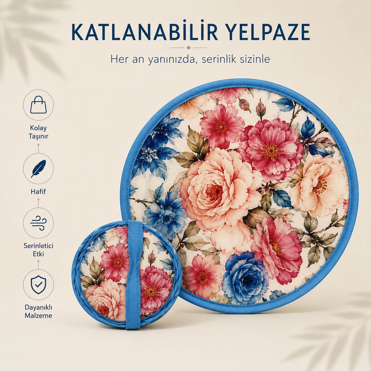 YEL-14001 Mavi Çiçek Desen Katlanabilir Pratik Yelpaze | Eos Kolektif - EOS Kolektif
