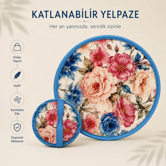 YEL-14001 Mavi Çiçek Desen Katlanabilir Pratik Yelpaze | Eos Kolektif - EOS Kolektif