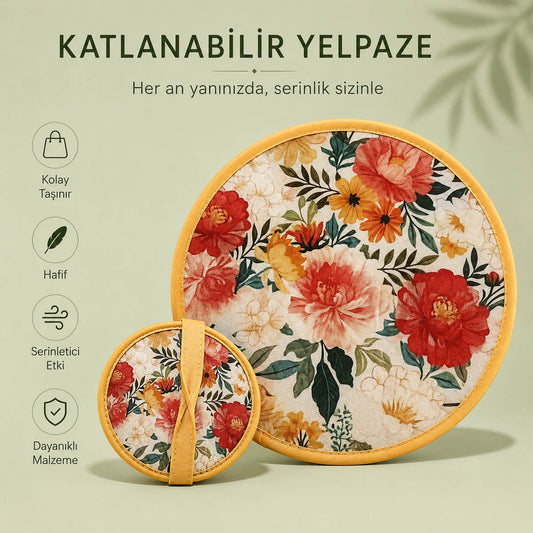 YEL-14002 Sarı Çiçek Desen Katlanabilir Pratik Yelpaze | Eos Kolektif - EOS Kolektif