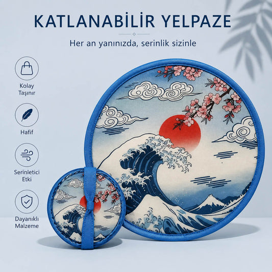 YEL-14003 Kanagawa Dalgası Desen Katlanabilir Pratik Yelpaze | Eos Kolektif - EOS Kolektif