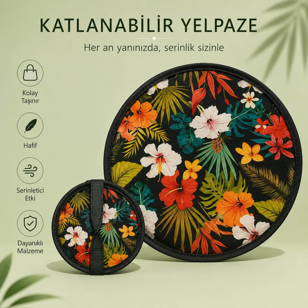 YEL-14004 Siyah Çiçek Desen Katlanabilir Pratik Yelpaze | Eos Kolektif - EOS Kolektif