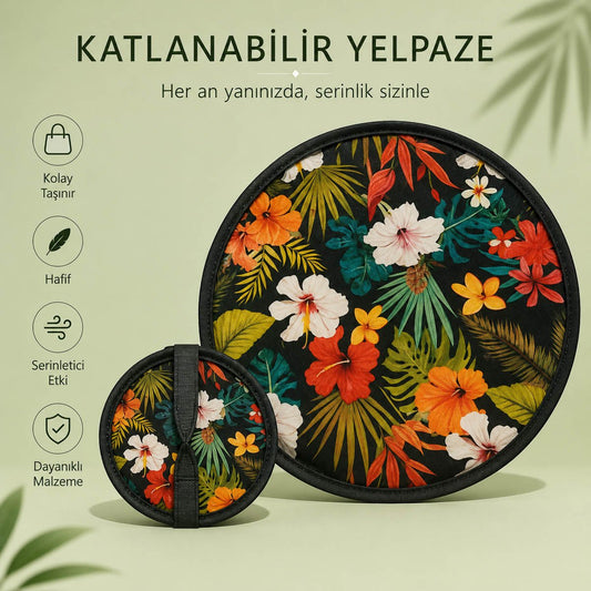 YEL-14004 Siyah Çiçek Desen Katlanabilir Pratik Yelpaze | Eos Kolektif - EOS Kolektif