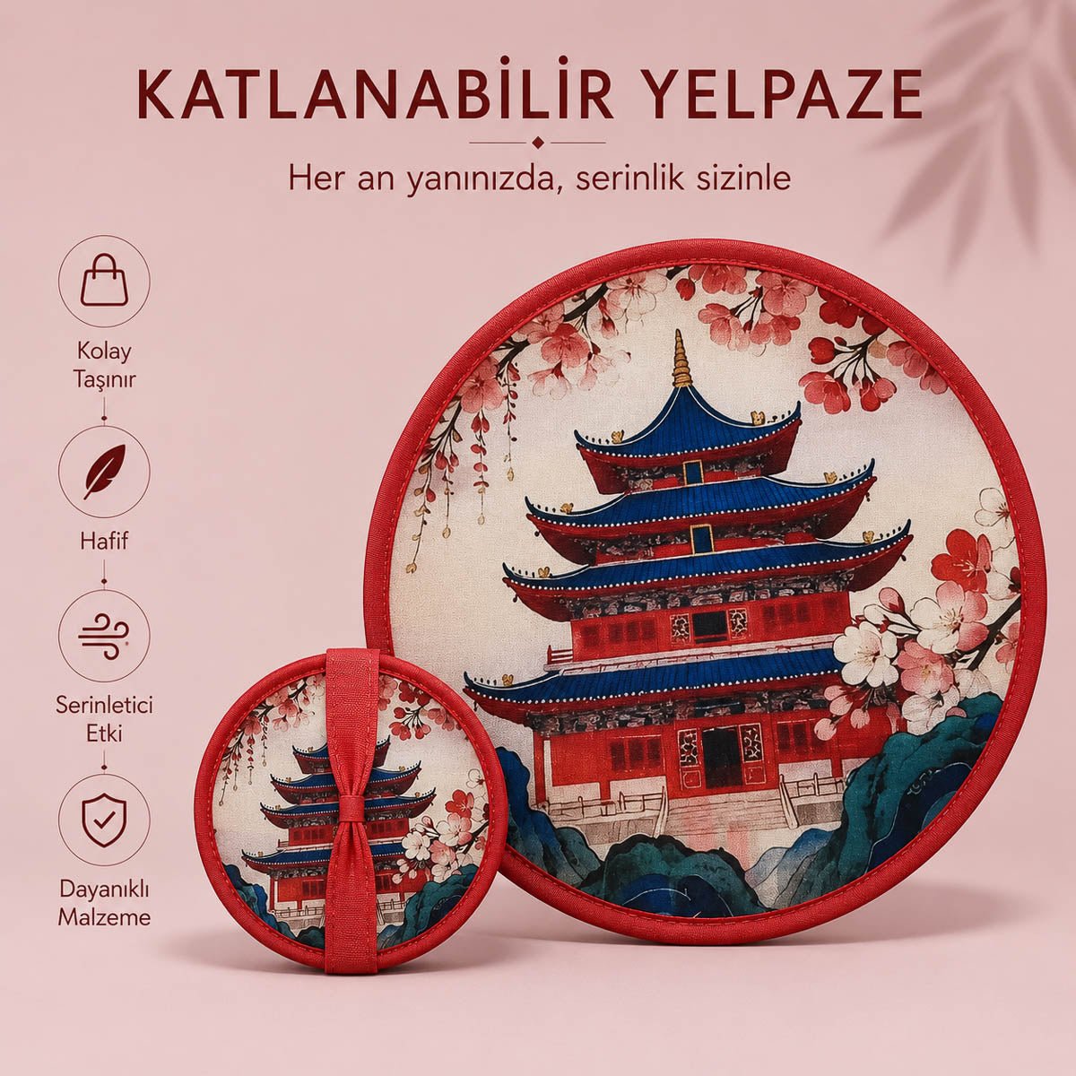 YEL-14005 Kırmızı Pagoda Desen Katlanabilir Pratik Yelpaze | Eos Kolektif - EOS Kolektif