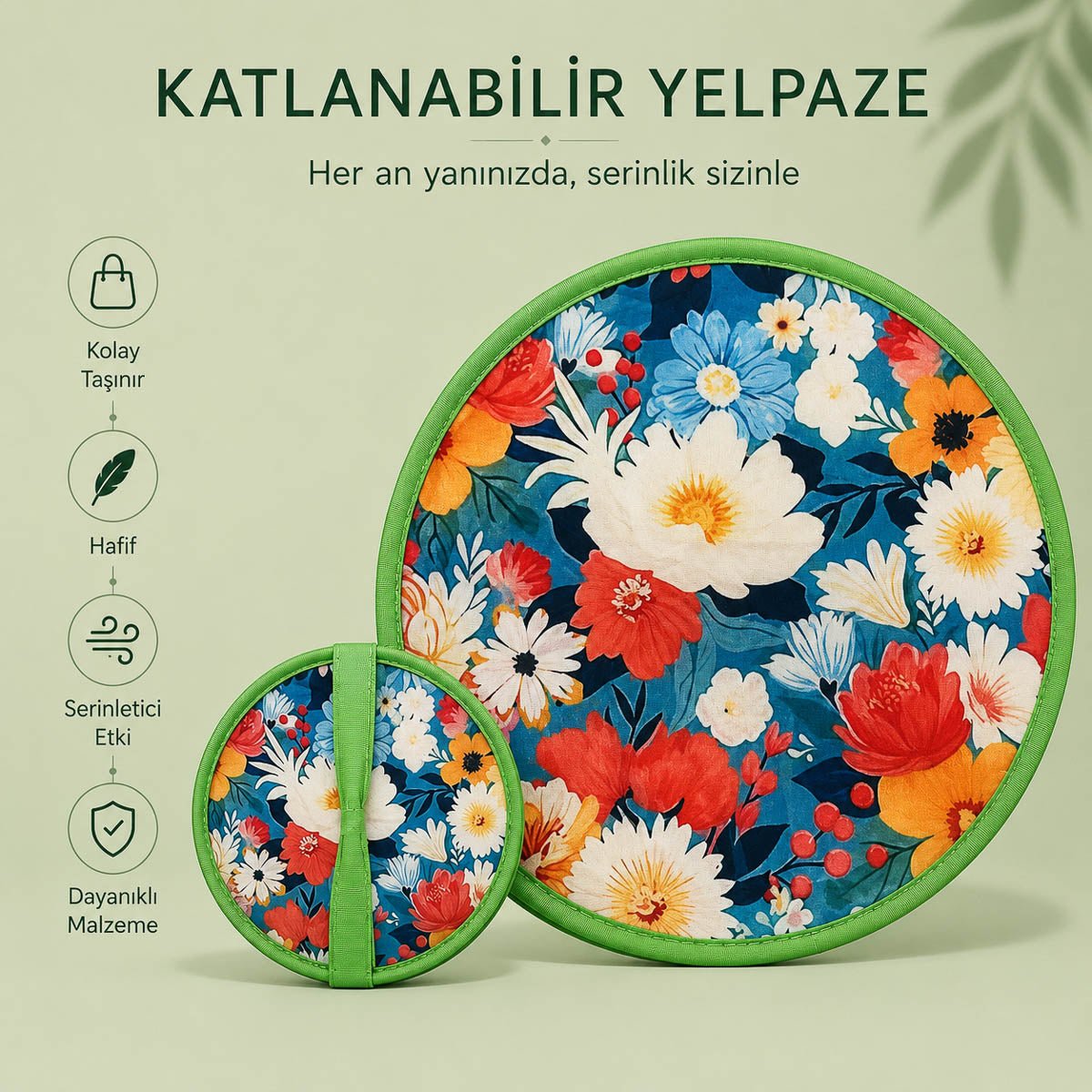 YEL-14006 Yeşil Çiçek Desen Katlanabilir Pratik Yelpaze | Eos Kolektif - EOS Kolektif